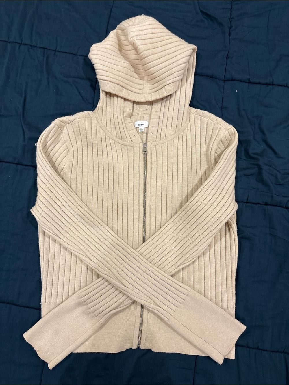 aerie Ribbed Zip Hoodie Cardigan in Beige
